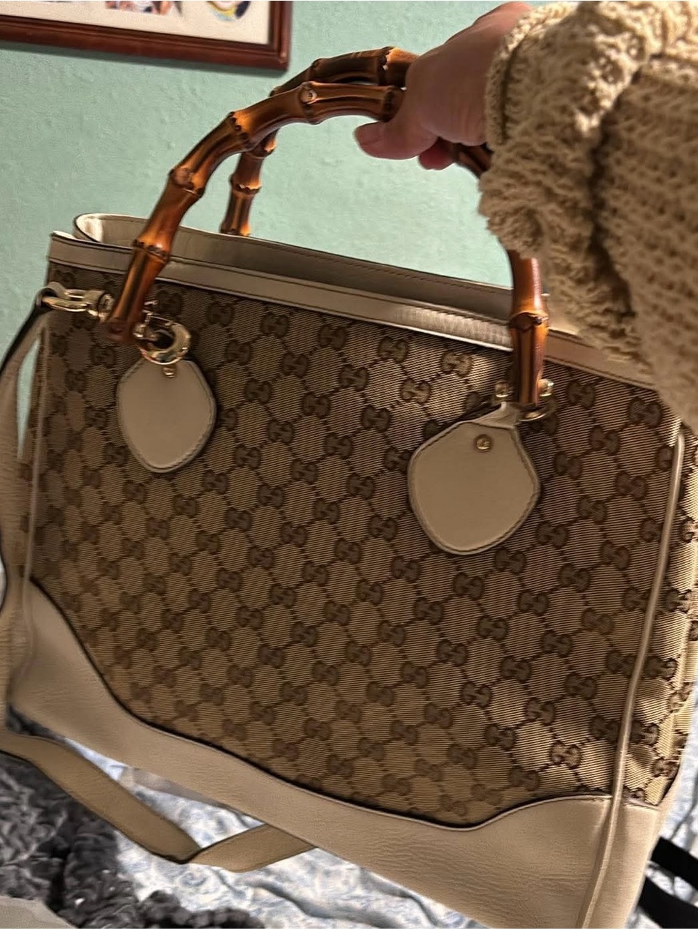 Gucci Brown/Beige GG Canvas Tote with Bamboo Handles